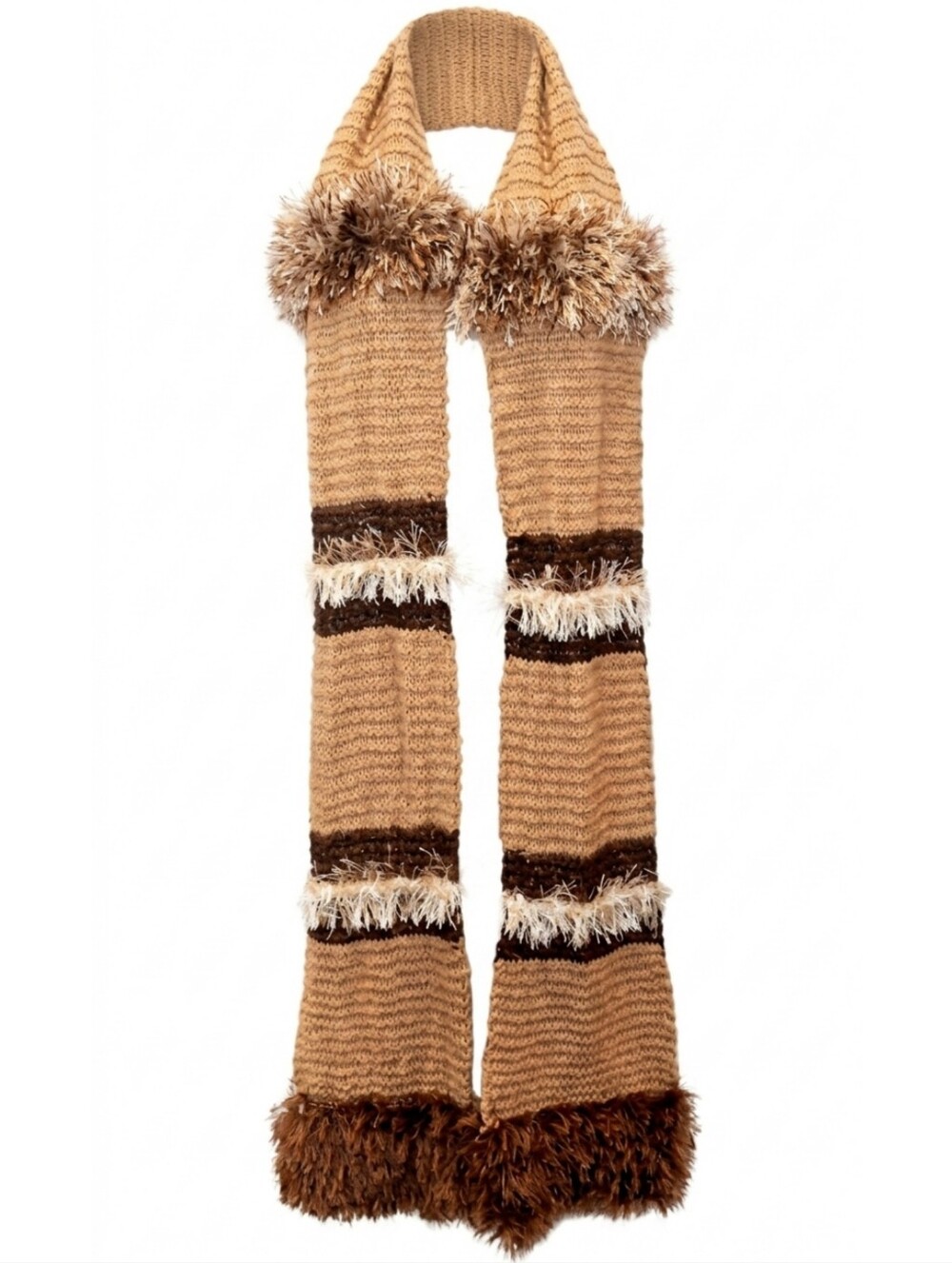 Faux Fur Knit Scarf Metallic Stretch Earthy Tones Long Muffler Fall Winter Brown